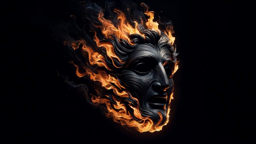 Flaming face sculpture in darkness