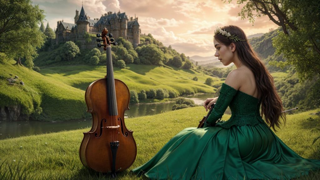 Woman in green dress with cello