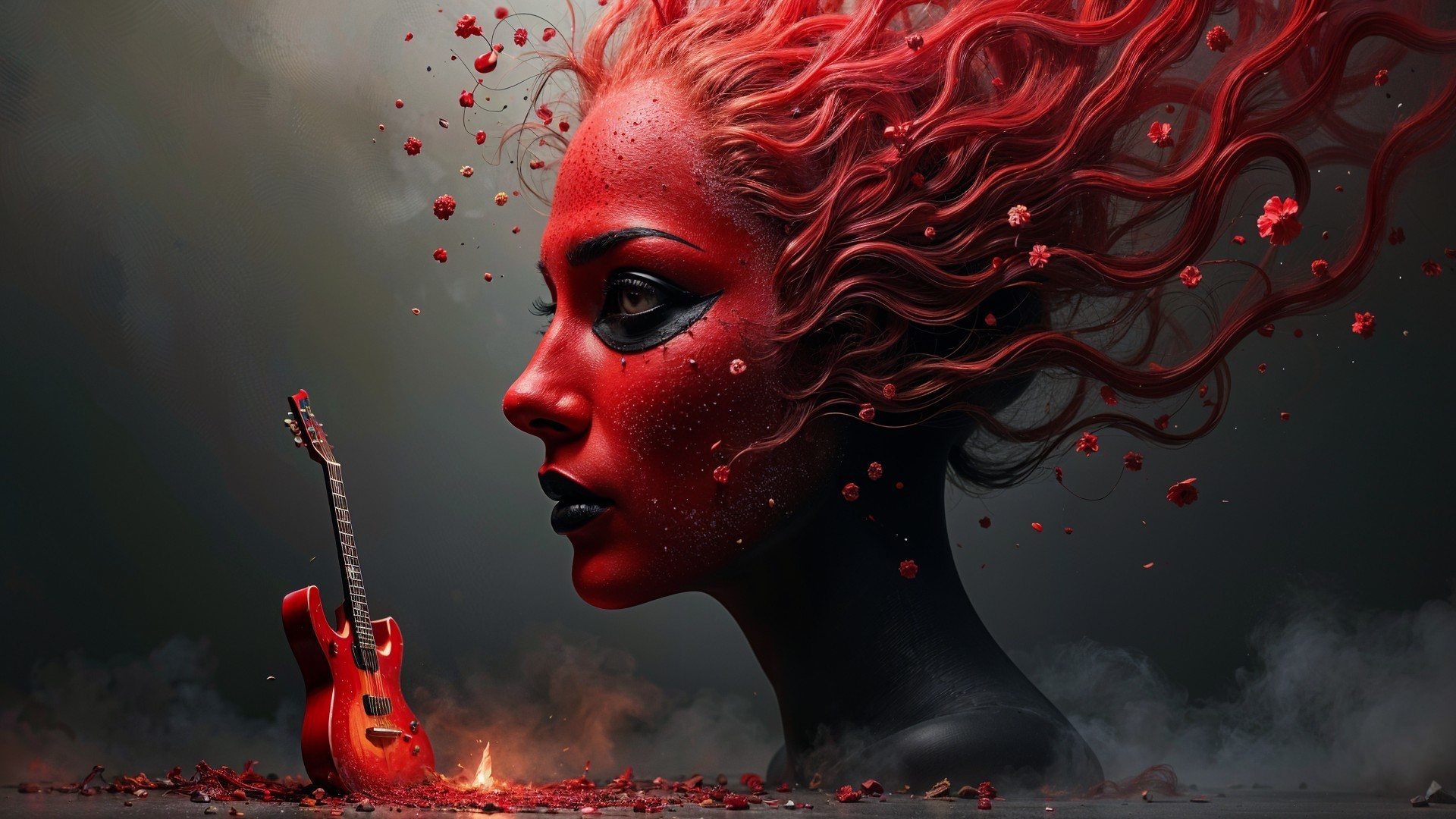 Red-haired figure with guitar